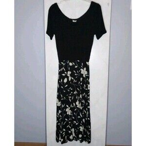 Vintage 90s Made in USA Black Floral Maxi Dress Stretch M